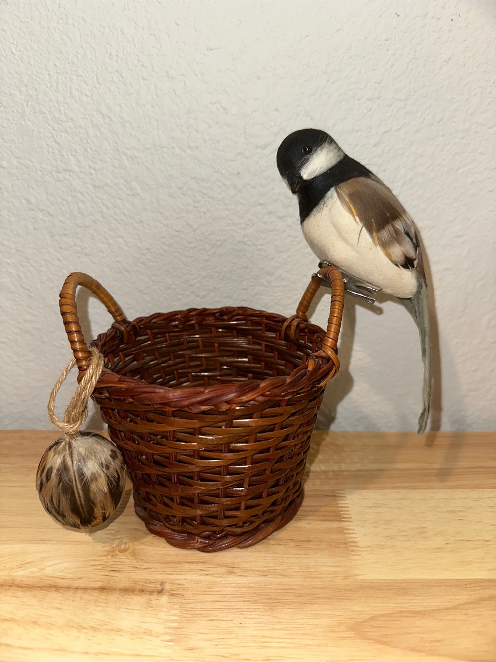 Mini Wicker Basket & Clip-On Chickadee with Real Feather Egg Decor Set